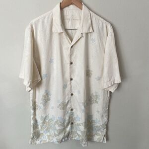 Tommy Bahama Shirt Mens L Tan Floral Hawaiian 100% Silk Short Sleeve Camp Collar